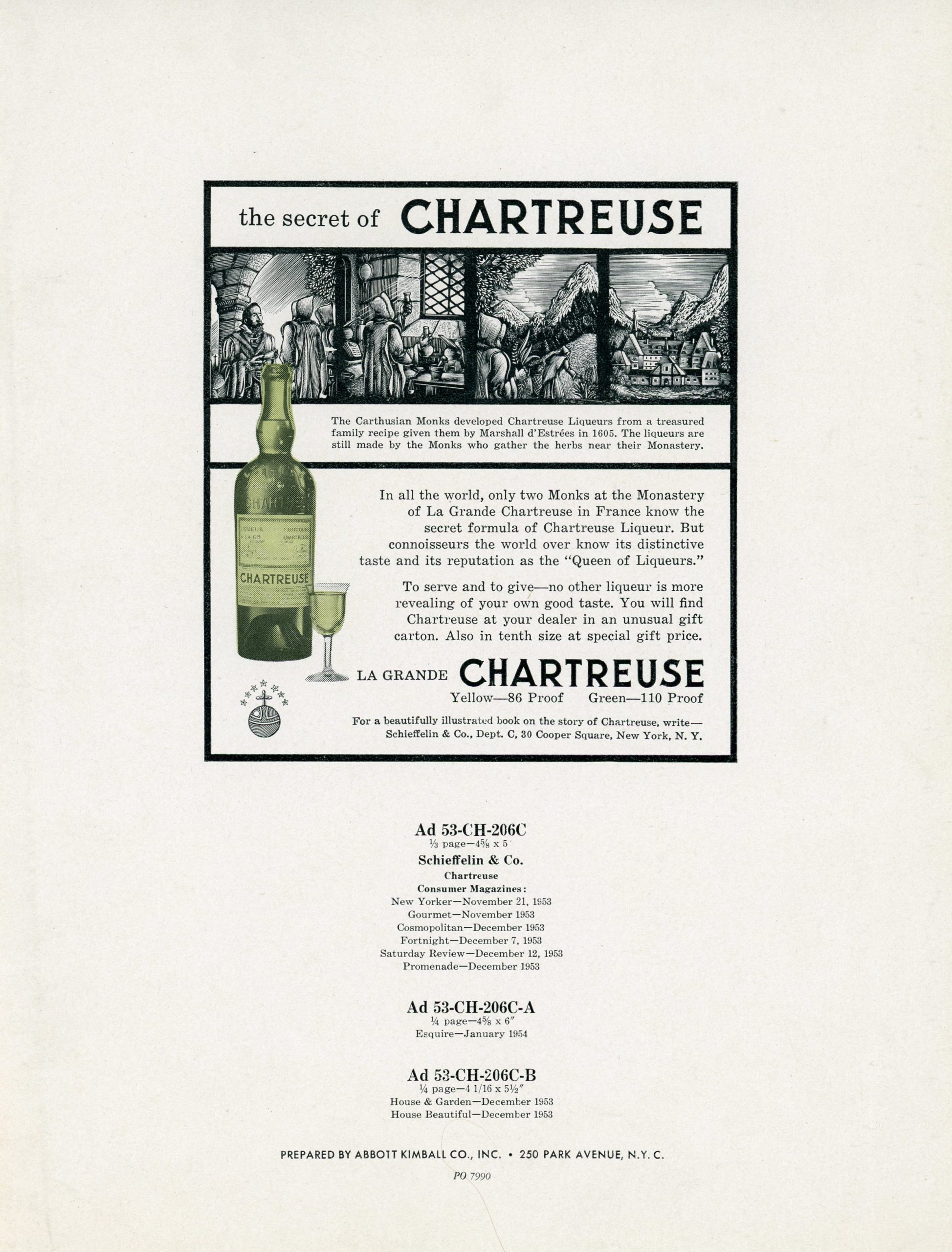 4-spread story of engravings by Walter Ferro for Chartreuse wine advertisement