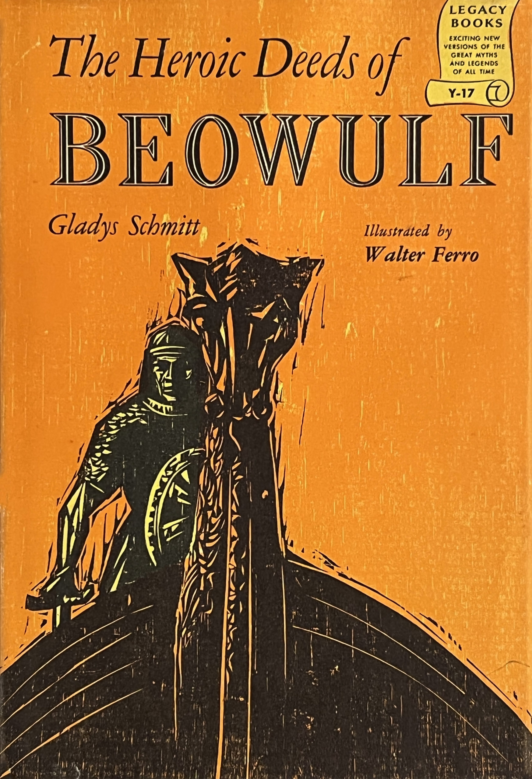 Book cover for Gladys Schmitt's Beowulf - sculpted hull of ancient ship with soldier holding sword and shield at the helm