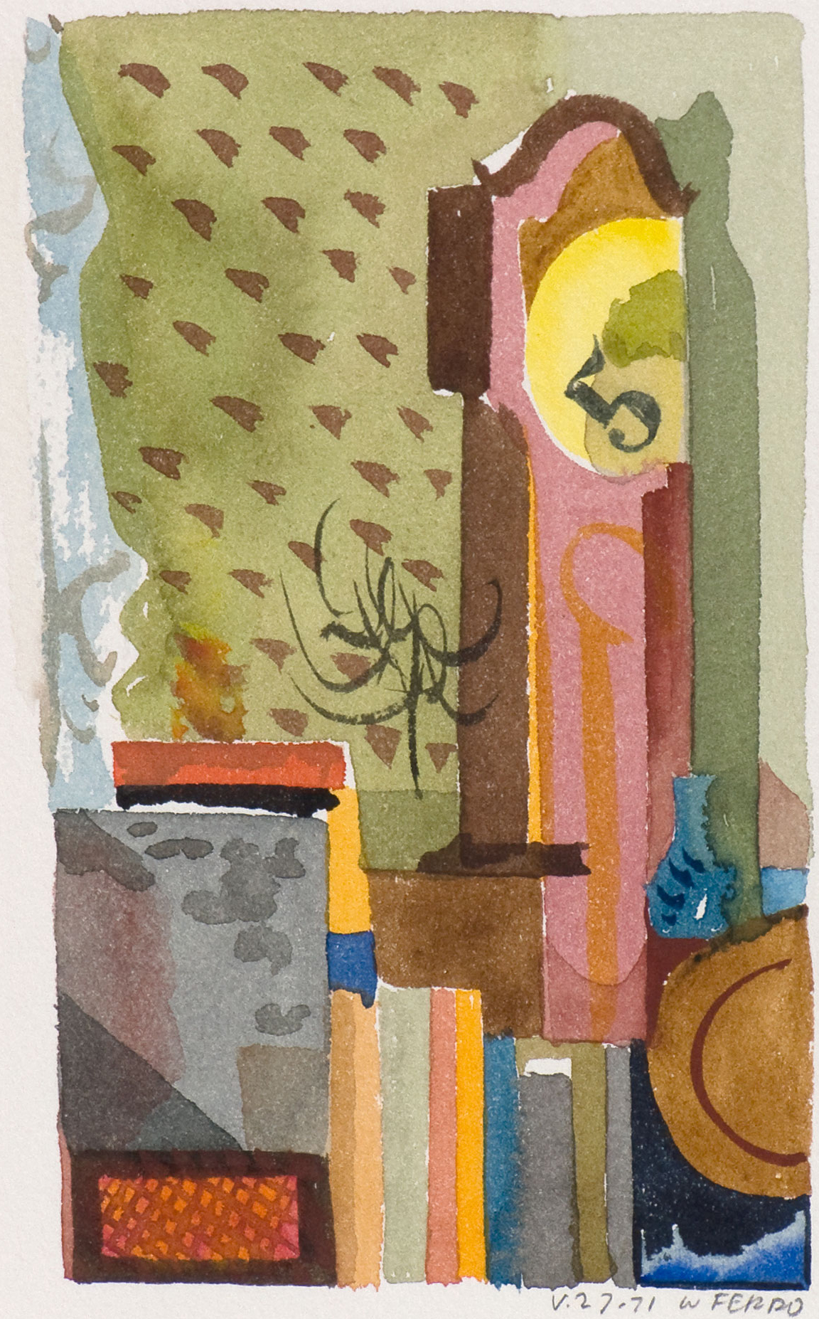 woodcut print by Walter Ferro - Abstract Clock