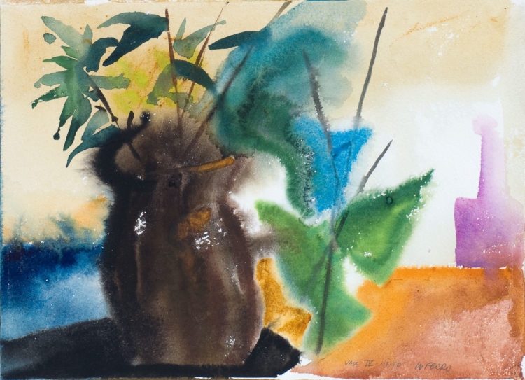 A watercolor painting by Walter Ferro of an abstract vase with triangular clusters of colors- Abstract Vase