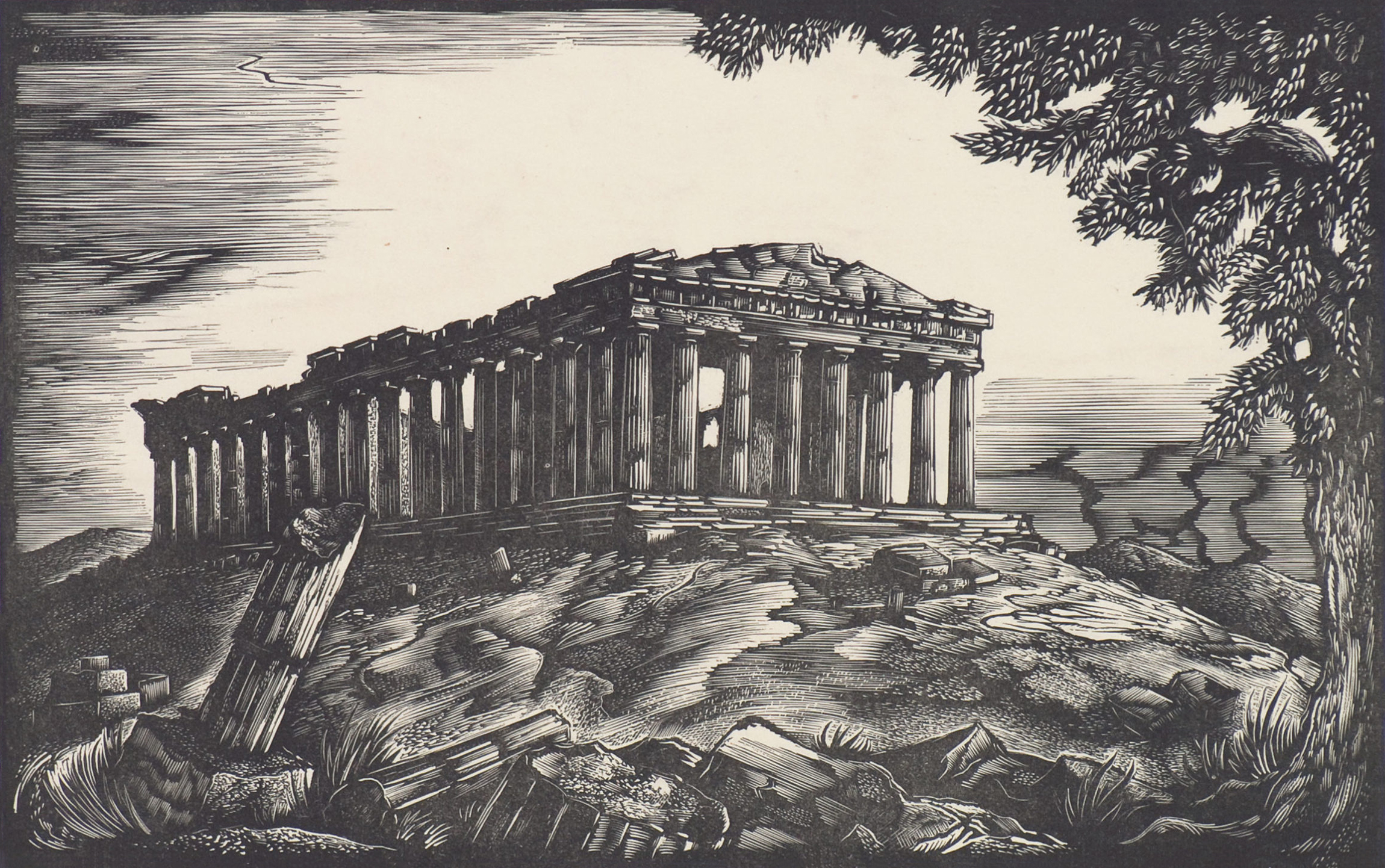 A black and white engraving by Walter Ferro - Acropolis