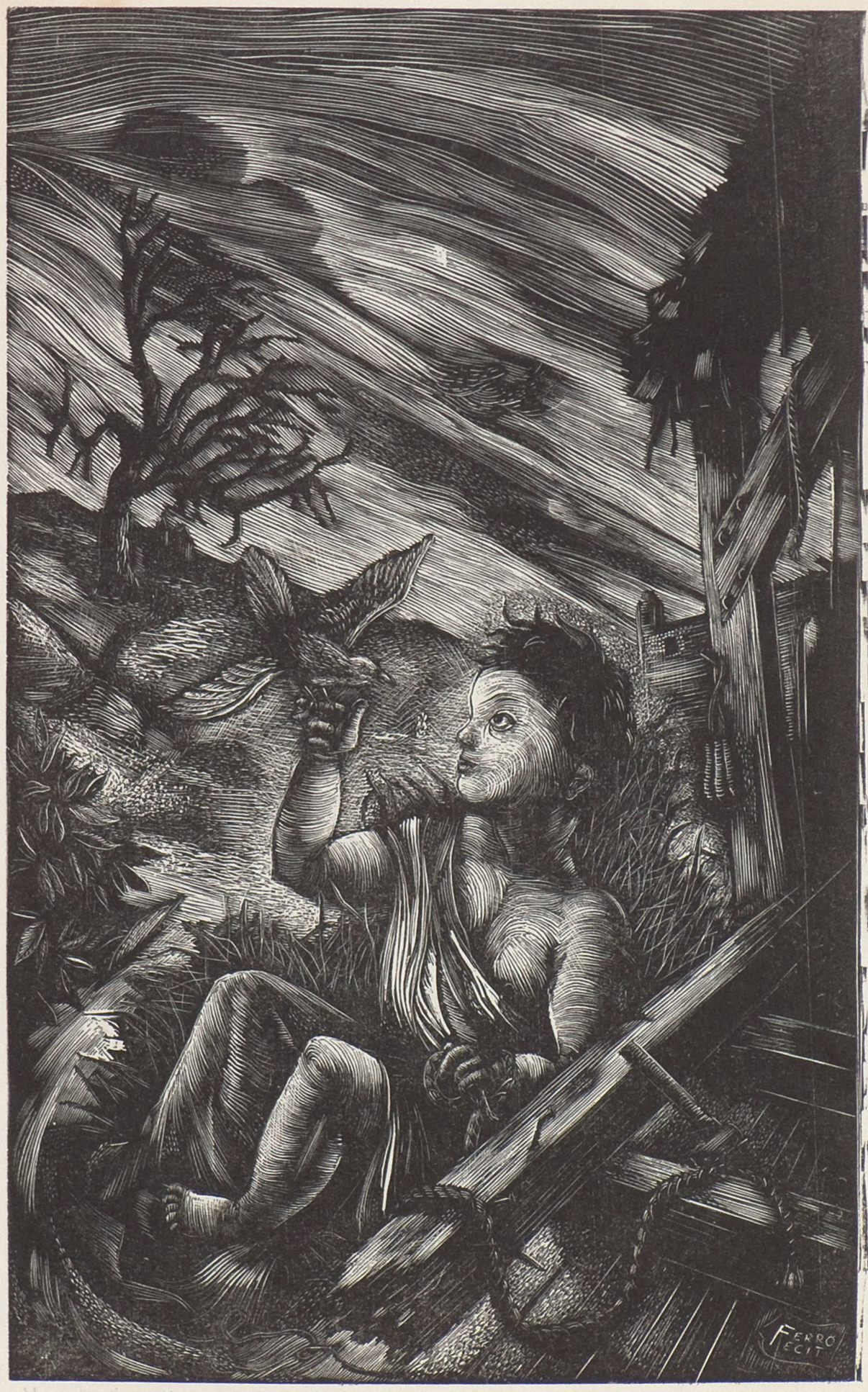 woodcut print by Walter Ferro - Augury