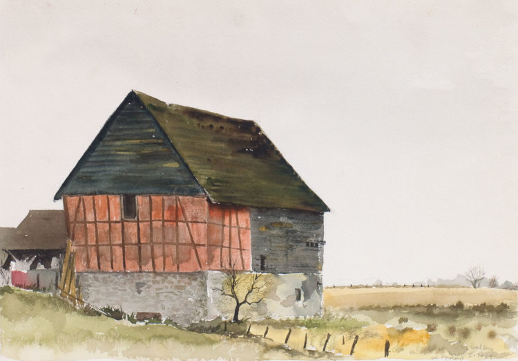 Watercolor of an aged European barn with criss-crossed wood siding and stone base wall, with yellowed field and shrubs in background by Walter Ferro