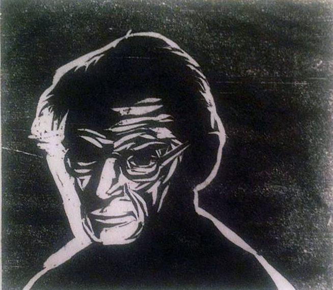 A black and white woodcut by Walter Ferro of Beckett, with low light on his face, looking down and to the side with a serious expression.
