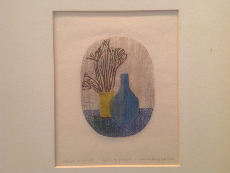 woodcut by Walter Ferro - Blue Bottle - with yellow vase and twigs