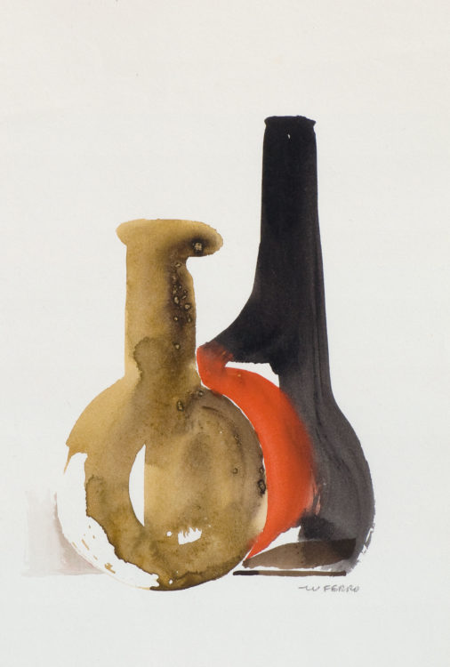 watercolor painting by Walter Ferro, of two bottles