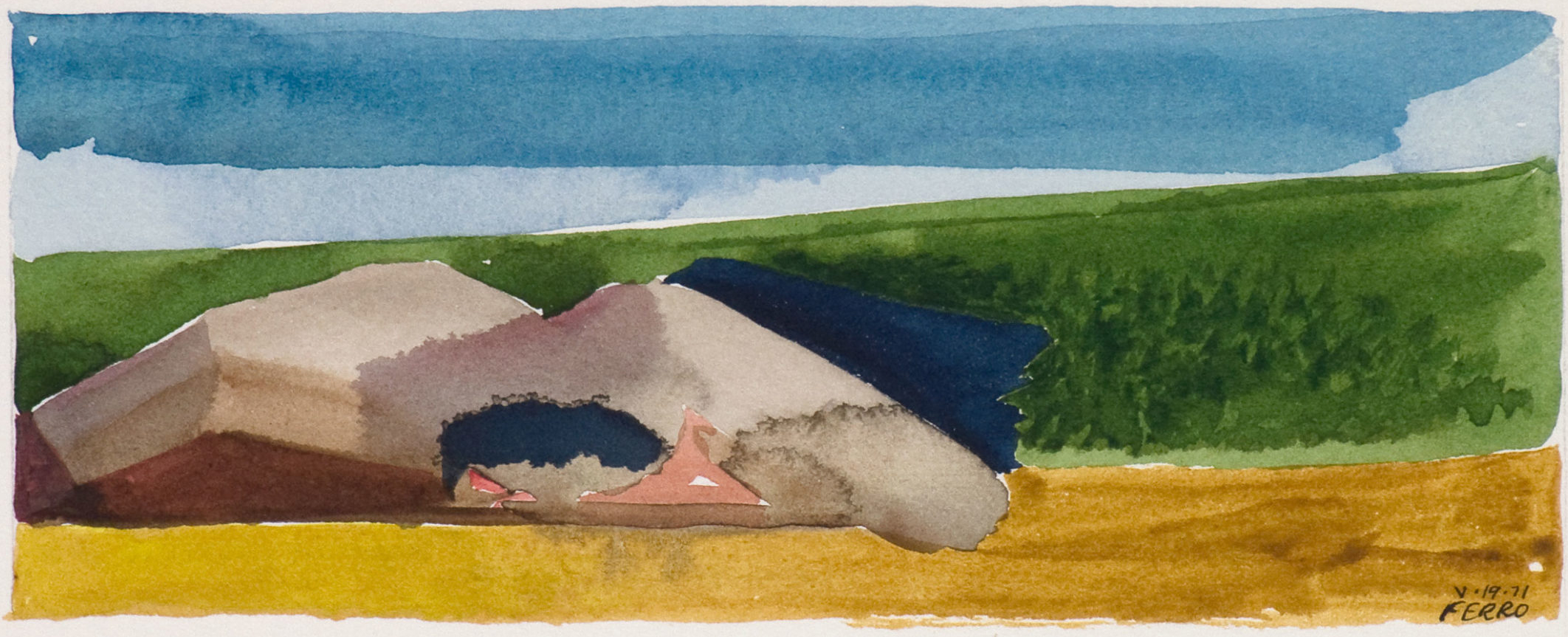 Abstract watercolor painting by Walter Ferro of a landscape with two rock-like clusters.