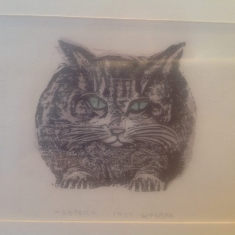 woodcut print by Walter Ferro - Cat Trotsky