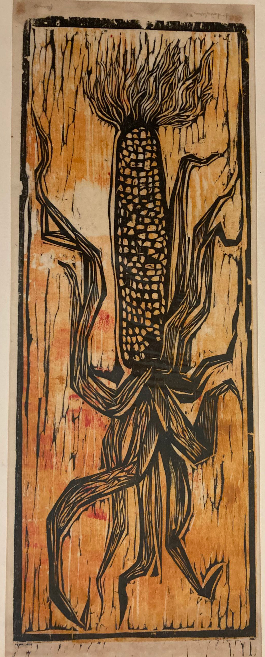 Woodcut illustration of a sillouette of a partially shucked corn with outflowing husks by Walter Ferro - I9z+qoZ9RcWefo%CNgmBlA