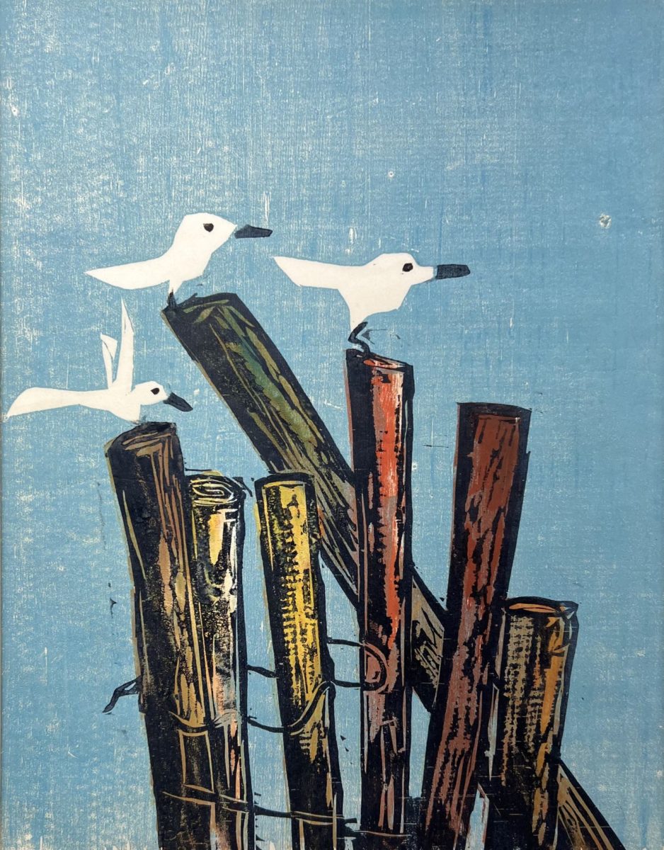 multicolor woodcut, Shore Birds, by Walter Ferro of seagulls atop pier posts