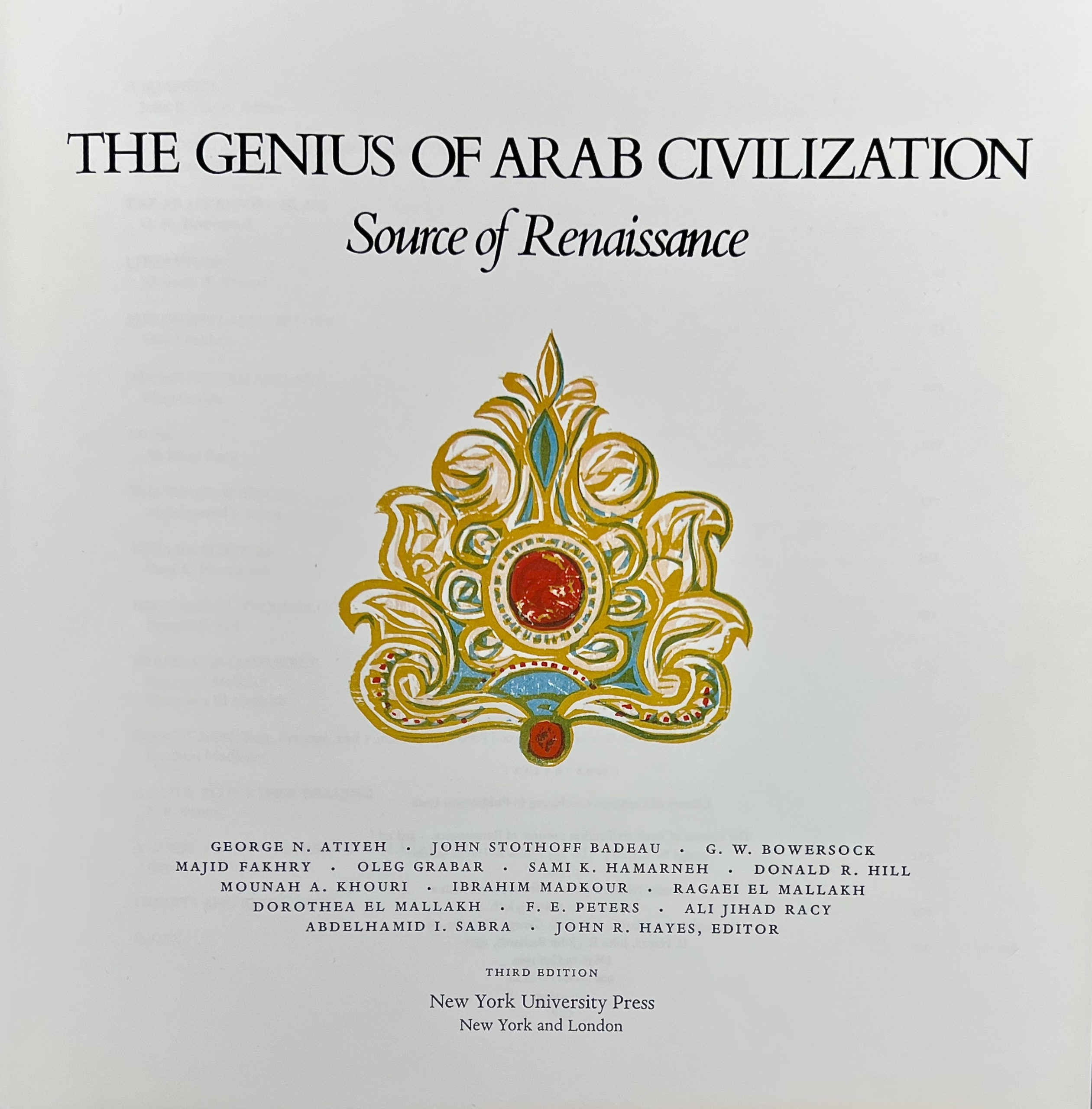 Interior book page of design and book layout by Walter Ferro with book title, The Genius of Arab Civilization: Source of Renaissance, list of publishers, and an Arab design.