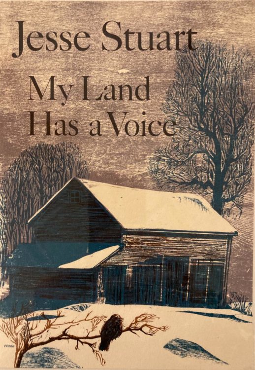 illustration of book cover with snow-covered shack, by Walter Ferro - for the book Jesse Stuart, My Land Has A Voice copy