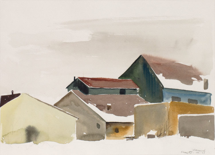 watercolor painting by Walter Ferro - Oberusel - of snow covered buildings