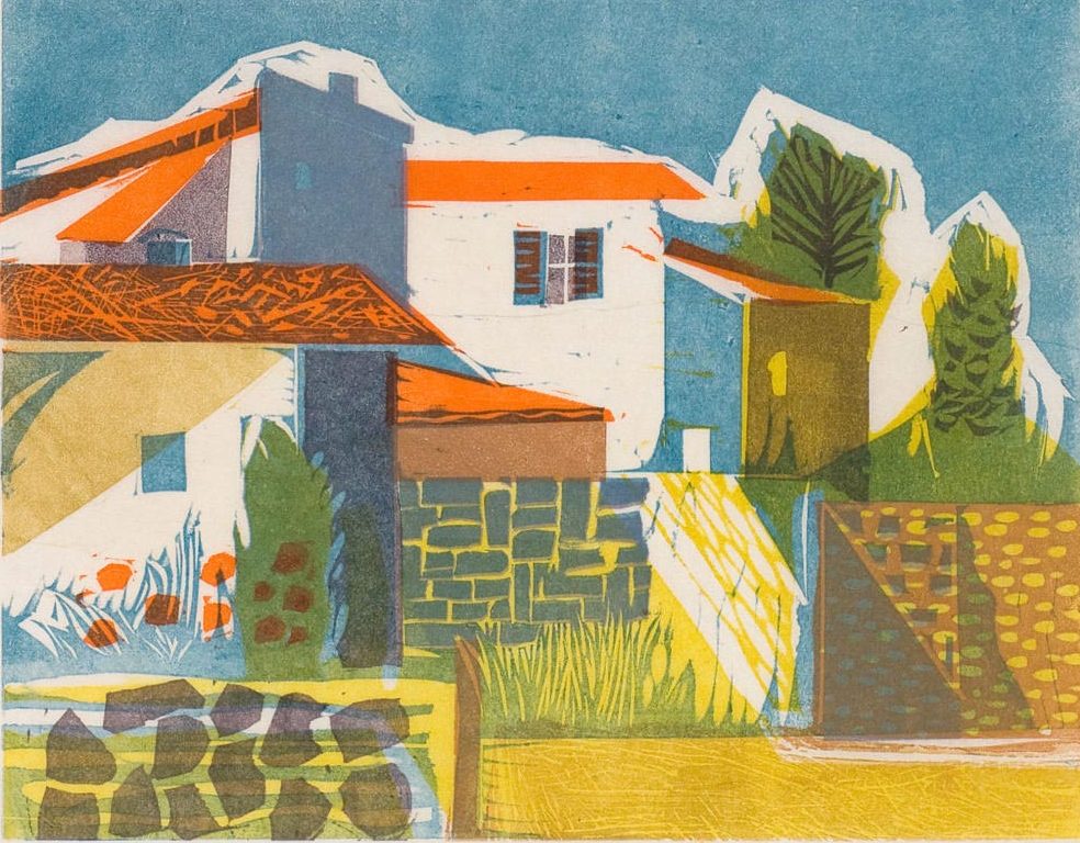 multicolor woodcut, Saint Lager, by Walter Ferro, of a village wall, buildings, and trees