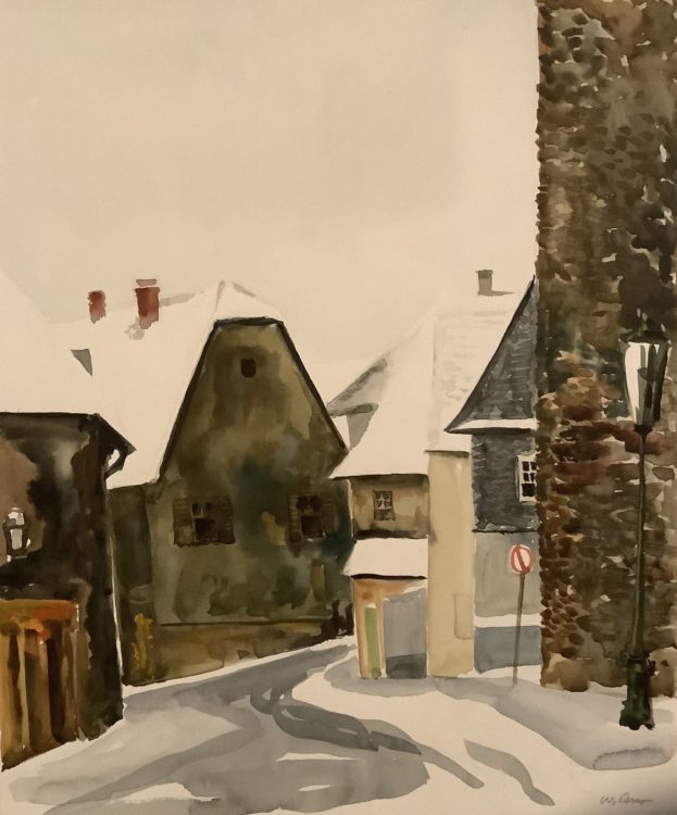 watercolor painting by Walter Ferro - Snowy Village