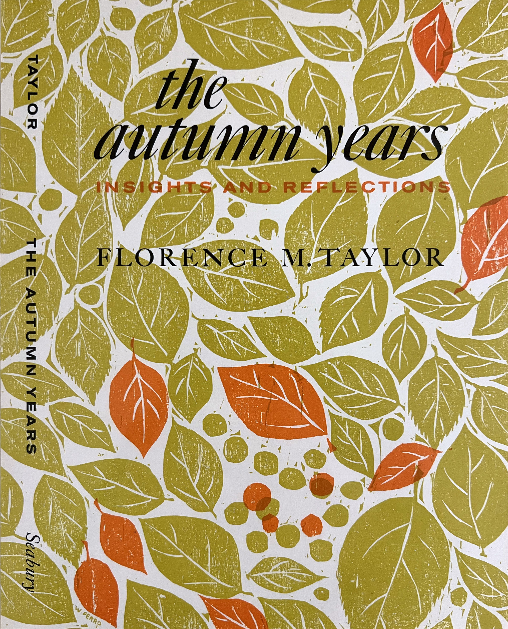 Two-color woodcut of yellow and orange leaves for the cover of book, the autumn years.