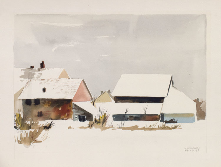 watercolor painting by Walter Ferro - Weiskirchen - snow-covered houses and barn