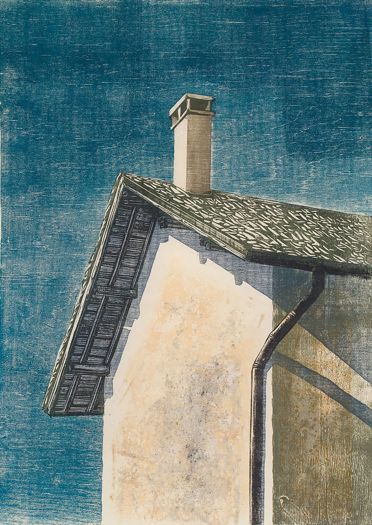 Woodcut by Walter Ferro of a partial view of a whitewashed wall of a house, with roof and chimney