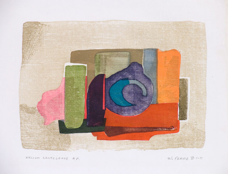 Abstract woodcut by Walter Ferro, Helium Centigrade.
