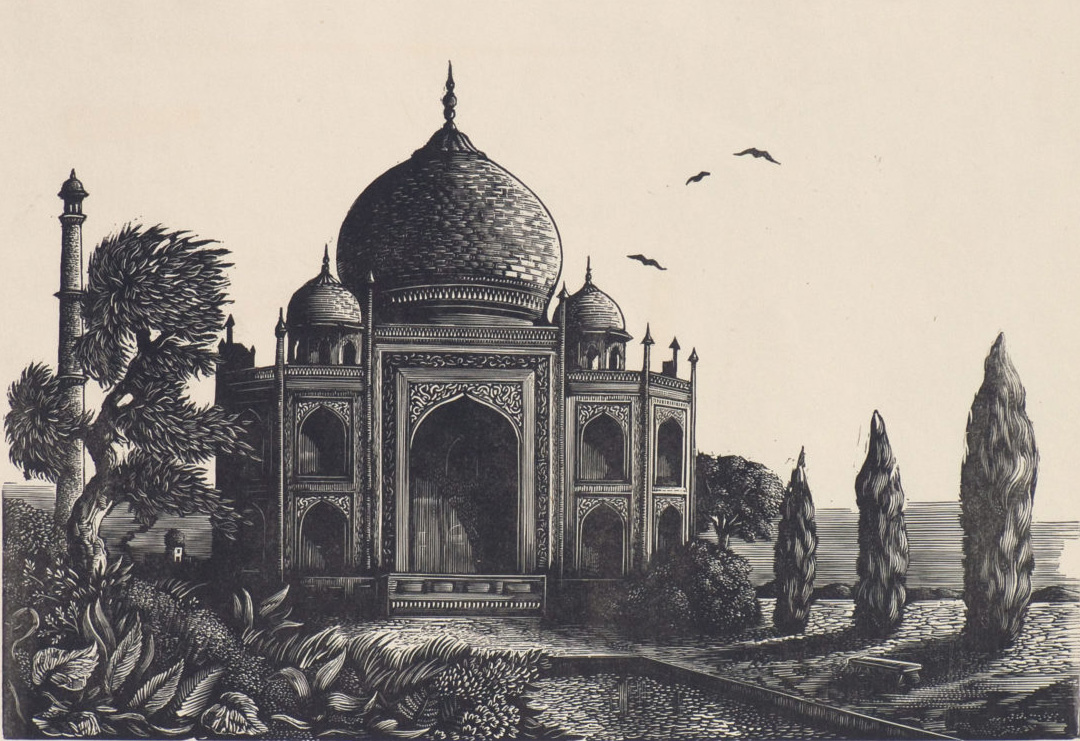 Woodcut by Walter Ferro of Taj Mahal