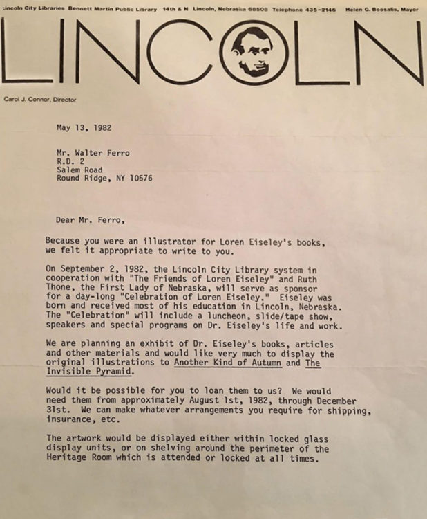 Letter to Walter Ferro from the Lincoln City Libraries regarding borrowing original illustrations for an exhibit.