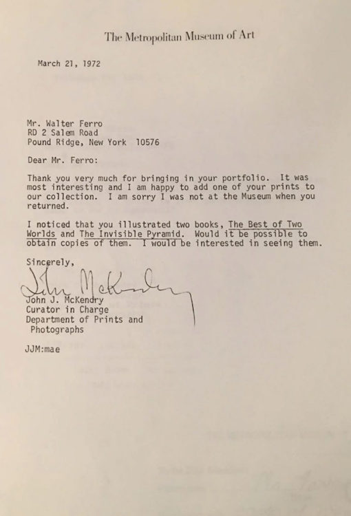 Metrolpolitan Museum of Art letter to Walter Ferro regarding acquisition of a print