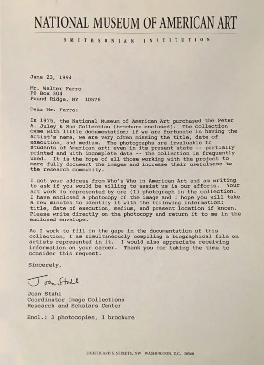 Letter to Walter Ferro from the National Museum of American Art requesting his information for their records.