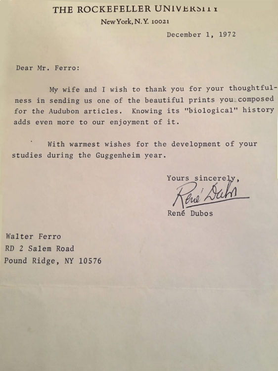 Rockefeller University letter to Walter Ferro regarding Audubon prints