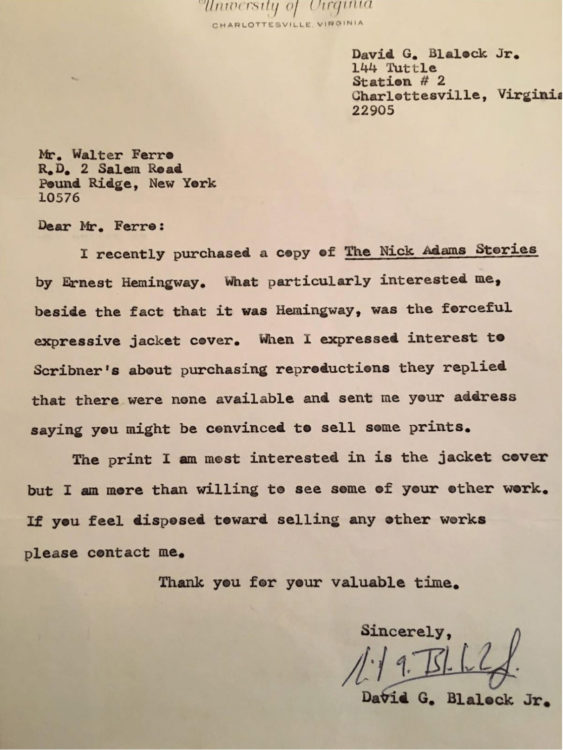 Letter to Walter Ferro regarding the design of the jacket cover for The Nick Adams Stories by Ernest Hemingway.