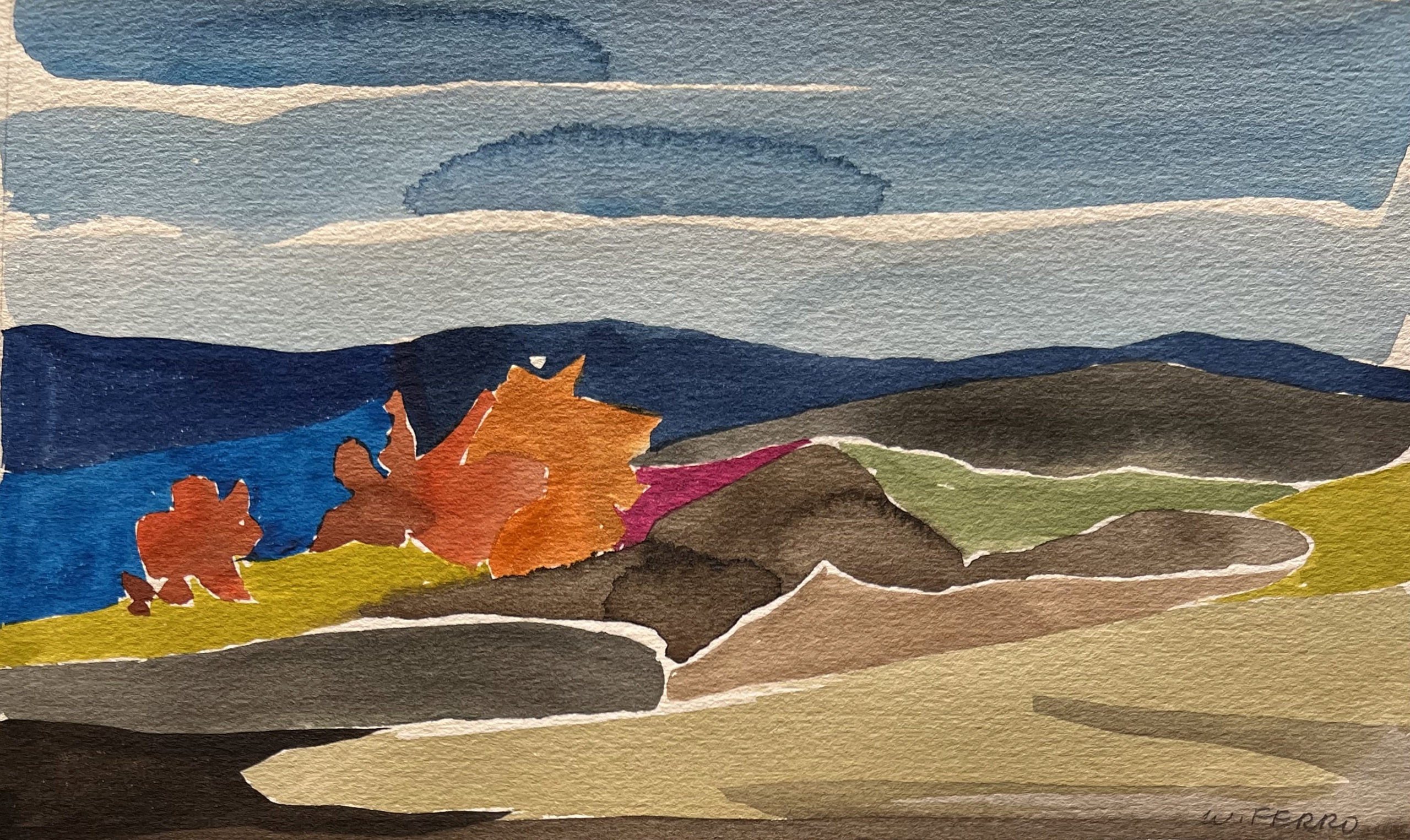 A watercolor of an abstracted landscape by Walter Ferro in 1973.