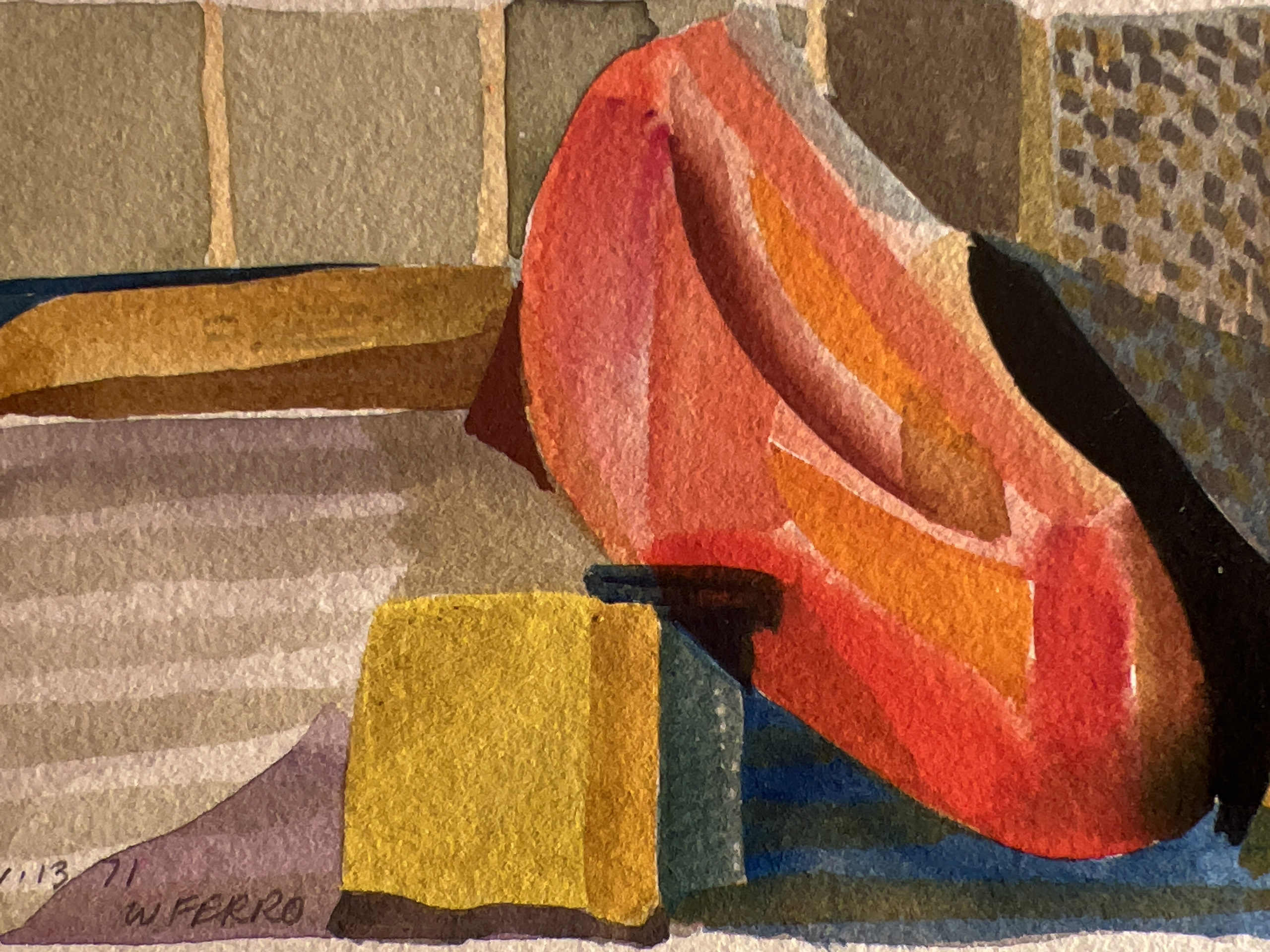 A watercolor of an abstracted on objects atop a desk by Walter Ferro in 1971.