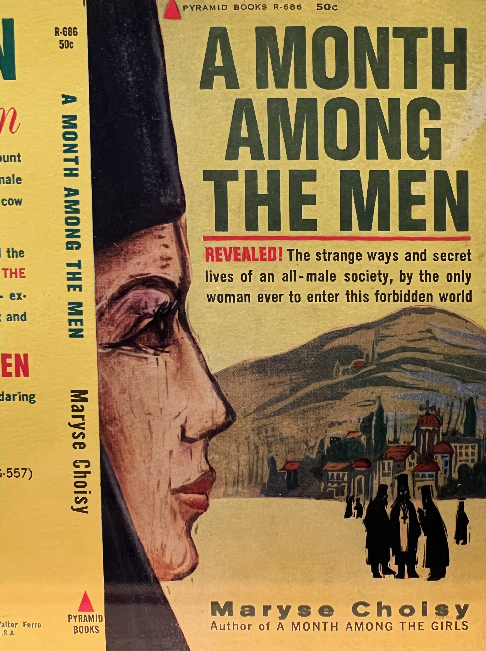 Book cover by Walter Ferro. Woman in foreground. Sillouettes of men before a town and a hill in background.