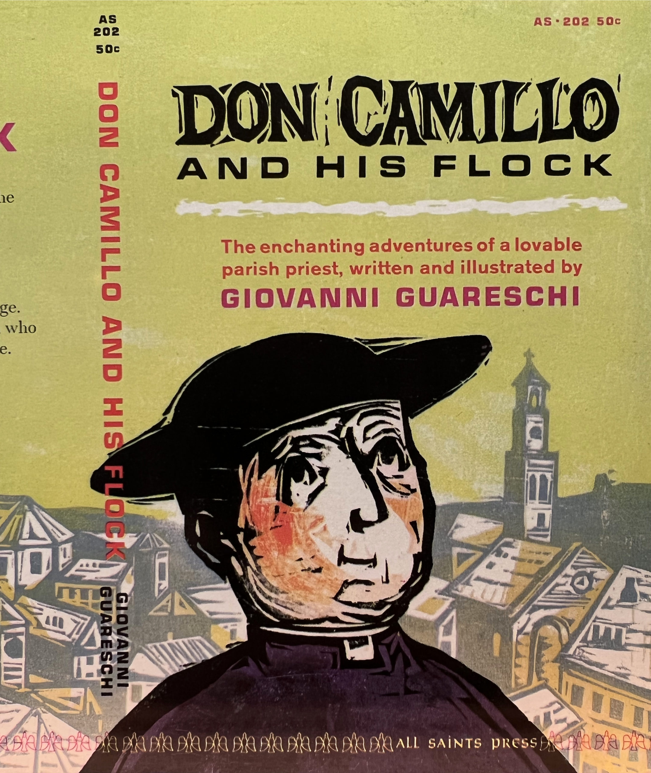 Design by Walter Ferro for book cover with priest in foreground and European city in the background, for book, Don Camillo and His Flock.