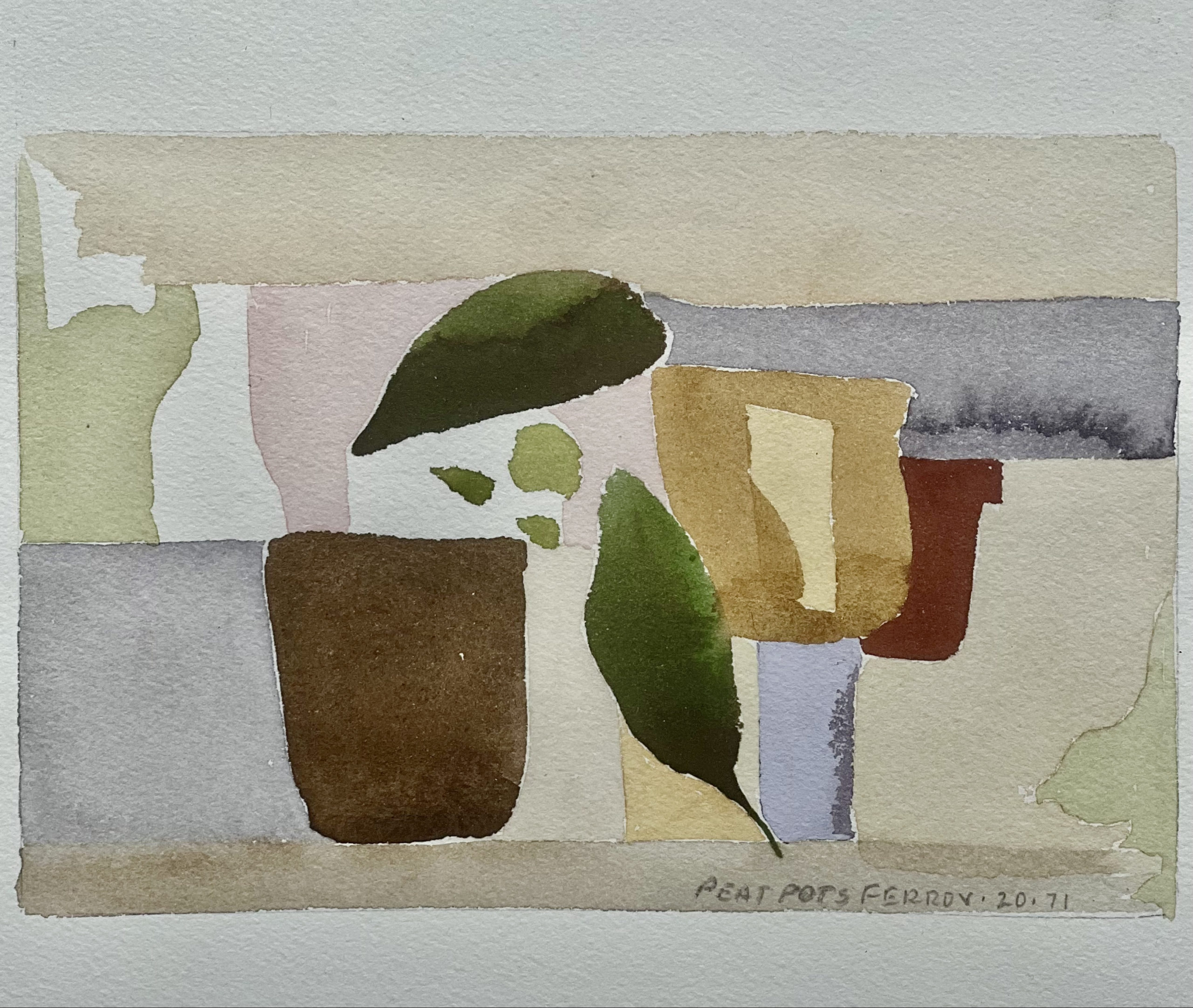 abstract watercolor, Peat Pots, of geometric shapes and leaves by Walter Ferro