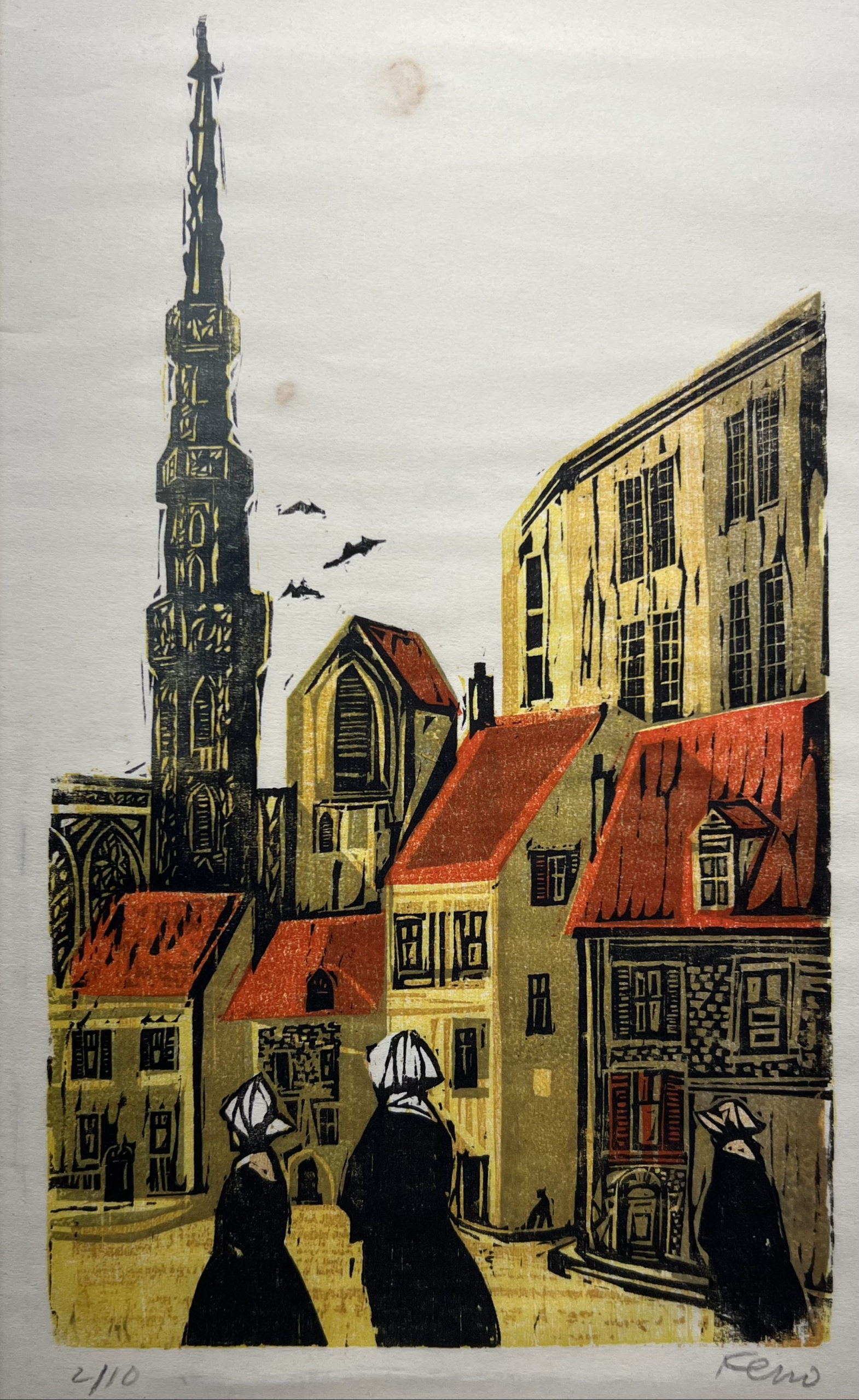 Untitled woodcut by Walter Ferro of a European village with yellow buildings and orange rooftops, with three women in white bonnets in the foreground.