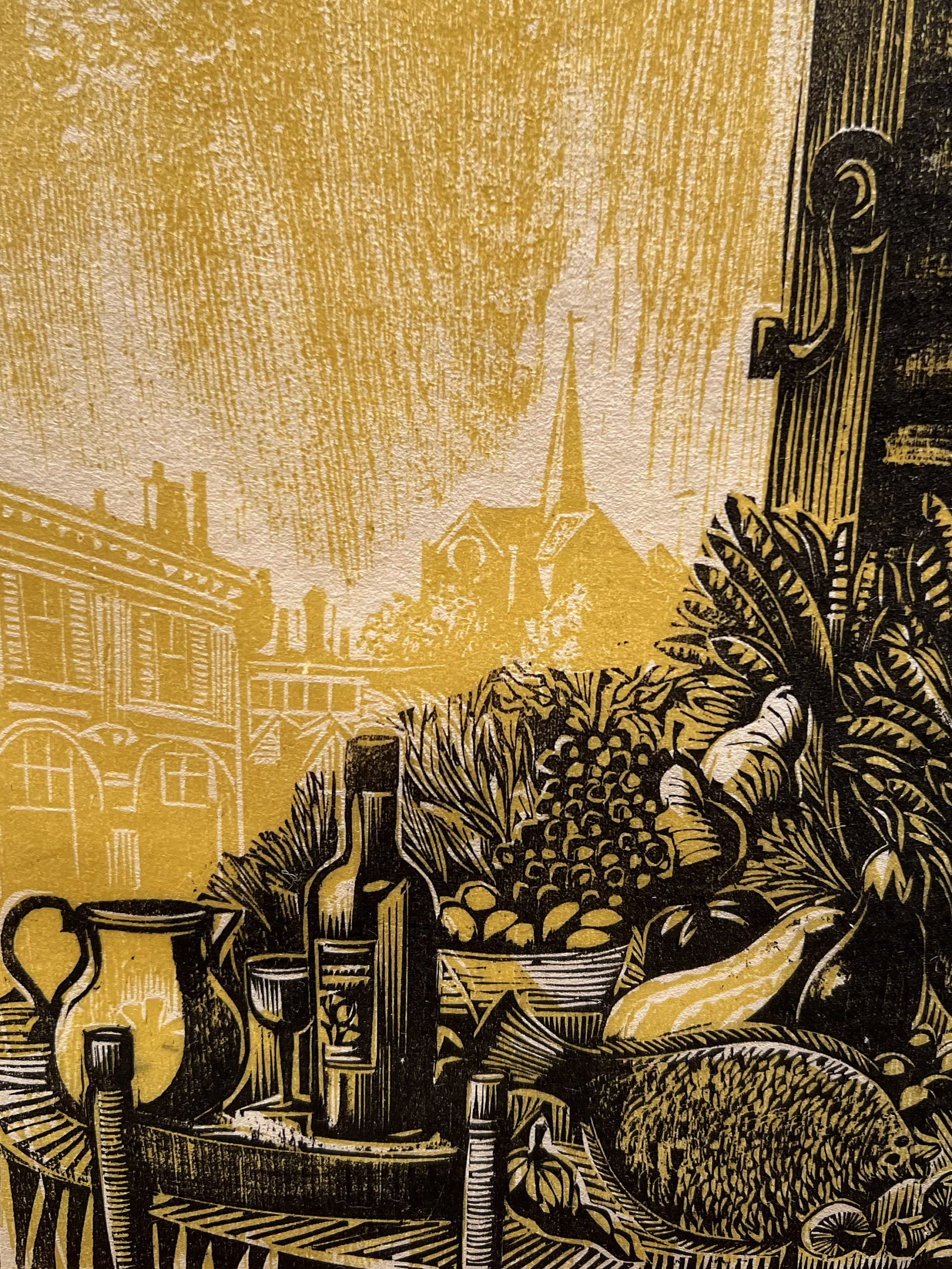 woodcut by Walter Ferro of a table spread with wine, vegetables, and sprigs of branches in vases with a town in the background