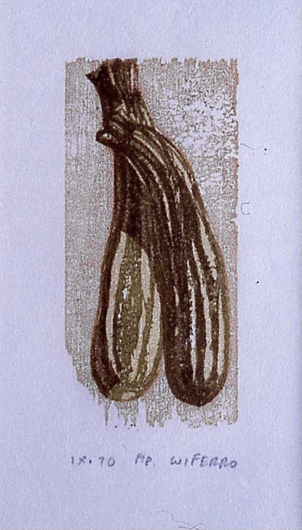 woodcut by Walter Ferro of two squash