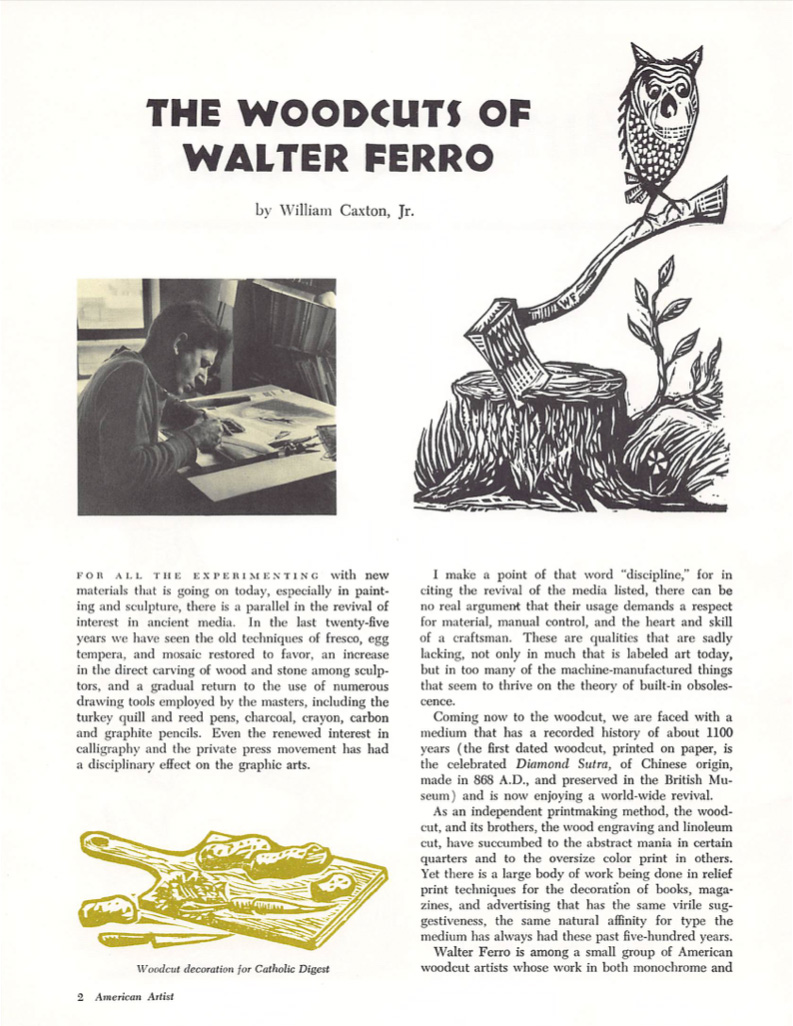 American Artist, reprint of article featuring woodcuts of Walter Ferro

