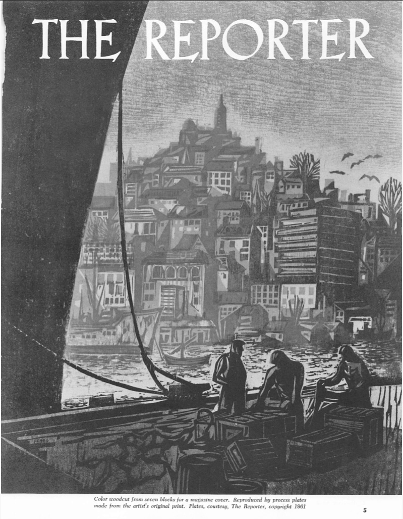 black and white reprint of Walter Ferro's woodcut for the cover of The Reporter magazine, in American Artist, reprint of article featuring woodcuts of Walter Ferro