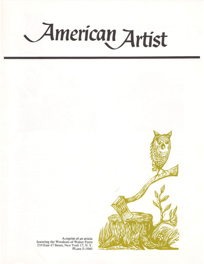 Walter Ferro - bibliography -  American Artist - January 1962 - The Woodcuts of Walter Ferro