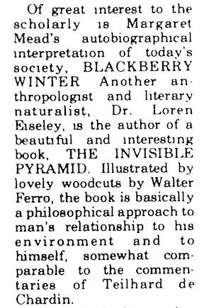 Walter Ferro - Eagle Bulletin, Dewitt News-Times, December 7, 1972, page 5 - detail - review of THE INVISIBLE PYRAMID, illustrated by Ferro