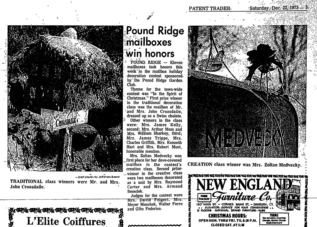 Walter Ferro press - Pound Ridge mailboxes win honors - Patent Trader - Saturday, December 22, 1973, page 5
